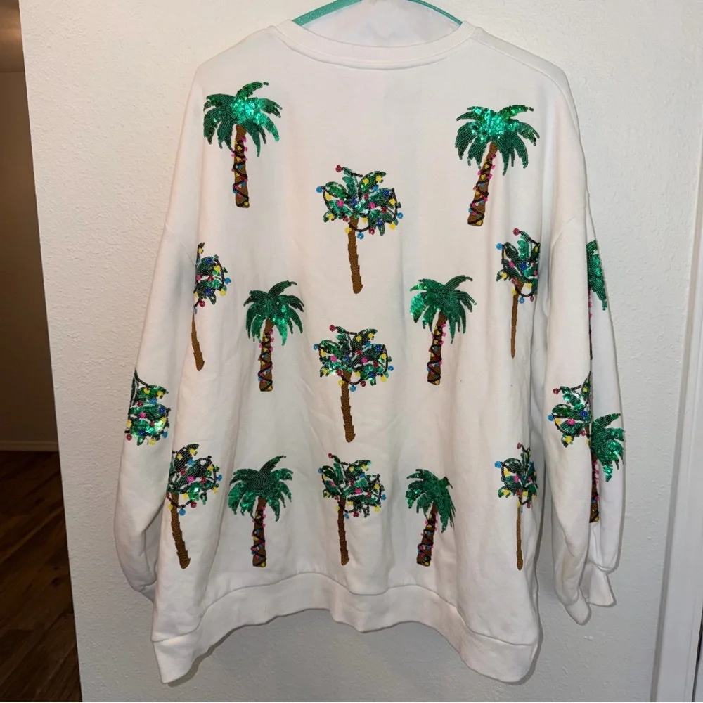 White Christmas Light & Palm Tree Sweatshirt by Queen of Sparkles. - Picture 6 of 6
